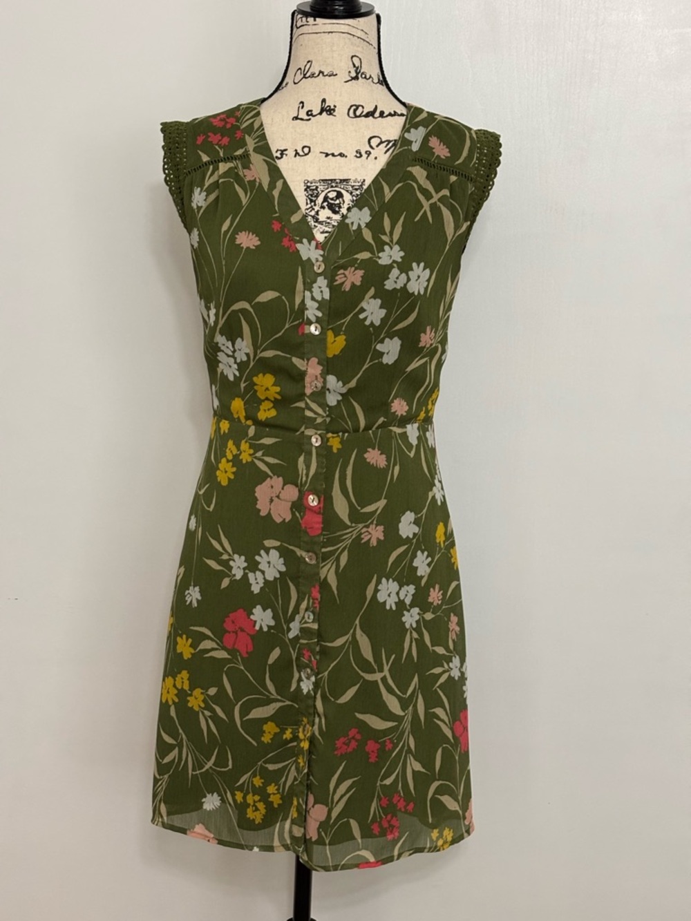 Daniel Rainn Olive Green Floral Trim Dress Size XS